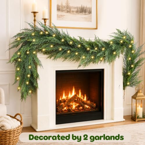 9FT Christmas Cedar Garland with Lights, Full Layered Greenery - Image 3
