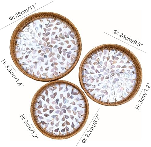 i-lan 3-Piece Round Rattan Serving Trays with Mother of Pearl Inlay – Handwoven Decorative Platters for Coffee Table, Vanity, Kitchen & Home Décor, Set - Image 2