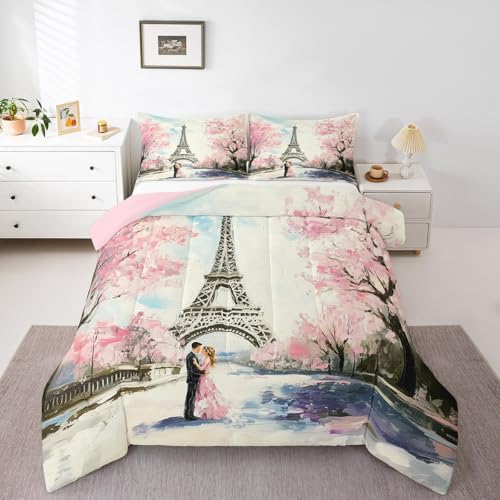 Paris Decor Comforter Set King Girly French Eiffel Tower Bedding Sets For Girls Kids Women Couple Bedroom Pink Cherry Blossoms Duvet Insert Watercolor Paris Tower Comforter Valentine 3 Pieces by Erosebridal