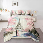 Paris Decor Comforter Set Full Girly French Eiffel Tower Bedding Sets For Girls Kids Women Couple Bedroom Pink Cherry Blossoms Duvet Insert Watercolor Paris Tower Comforter Valentine 3 Pieces by Erosebridal