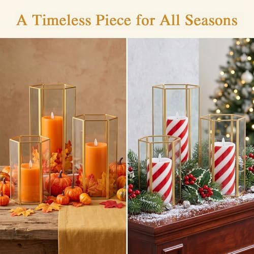Gold Glass Hurricane Candle Holder Set of 3 Large Clear Hexagon Lanterns - Image 6