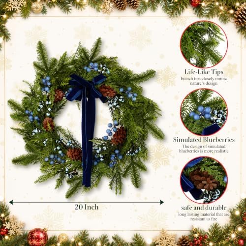 Fayoo 20 Inch Blue Berry Pine Winter Wreath Christmas Front Door Decor - Image 2