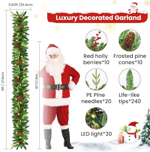 9 ft Pre-Lit Christmas Garland with 30 LED Lights, Pine Cones and Berries - Image 2