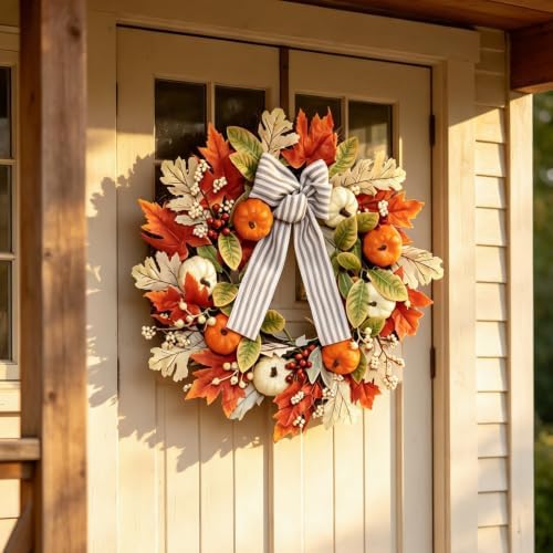 24 Inch Fall Wreaths for Front Door,Home Decor for Farmhouse Off White - Image 4