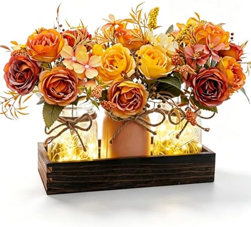 LUEUR Fall Mason Jar Centerpiece Set of 3 with Rustic Wood Tray-Orange Rose by LUEUR