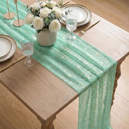 Artoid Mode 6Pcs Turquoise Gauze Gold Table Runner 10FT, Glitter Metallic Foil Sheer Dining Wedding Anniversary Holiday Table Decor for Home Party - Image 5