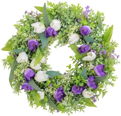 Spring Summer Tulip Wreath for Front Door 18 Inch Artificial Colorful Flower Wreath for Indoor Outdoor Wall Festival Easter Home Farmhouse Wedding Decor (Green + Purple) by PQIQP