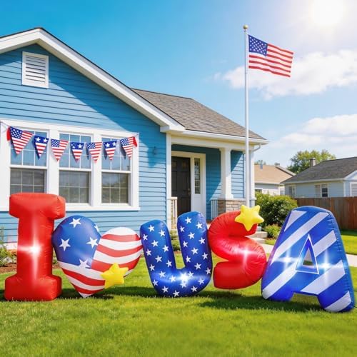 8FT 4th of July Inflatables Outdoor Decorations, LED Lighted ILOVEUSA Patriotic Inflatable Yard Lawn Decor, 210T Fabric Independence Day Holiday Party Garden for America 250th by SparkleInflateCelebrate