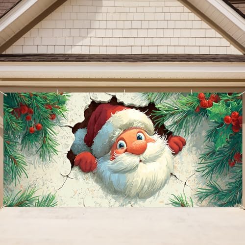 Pop Out Santa Christmas Garage Door Banner 16x7 Ft - Illusion Effect for Double Car Garage Outdoor Indoor Holiday Decor - Image 2