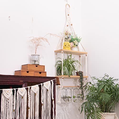 TENEWEE Boho Macrame Hanging Wall Shelf for Plant & Books Display 2-Tier - Image 6
