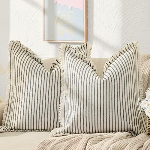 ZWJD Throw Pillow Covers 26x26 Set of 2 Striped Pillow Covers with Fringe Chic Cotton Decorative Pillows Square Cushion Covers for Sofa Couch Bed Living Room Farmhouse Decor, (Black) by ZWJD