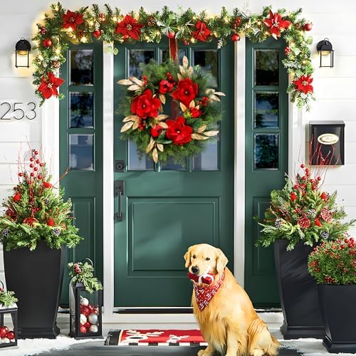 24" Magnolia Christmas Wreaths for Front Door, Artificial Magnolia Christmas Flower with Gold Leaves for Outdoor Indoor Home Wedding Christmas New Year - Image 6