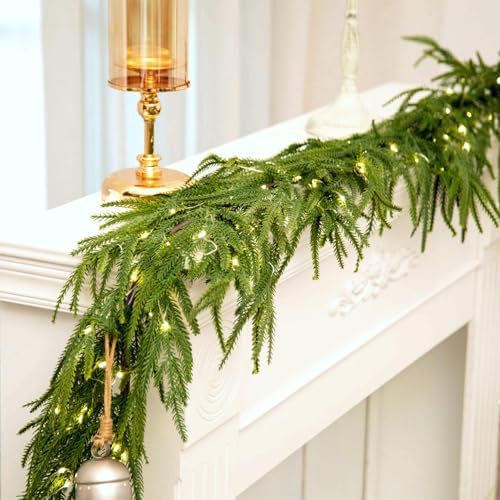 9FT Prelit Norfolk Pine Christmas Garland with 70LED Lights – Real Touch Greenery Artificial Cedar Christmas Garland for Fireplace Mantel, Staircase, Door Frame, Holiday Indoor Winter Décor by ENVEN