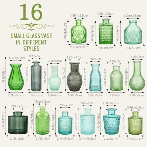 32 PCS Assorted Vintage Bud Vases, Colorful Glass Small Vases Bulk, for Centerpieces, Wedding Table Decor, Home Decorations & Gifts (Green Series) - Image 3