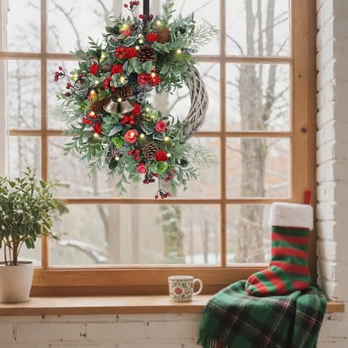 Christmas Wreath for Front Door, Artificial Door Wreaths with LED Lights Bells Berries & Pinecones Christmas Decorations, Xmas Wreaths for Wall Window Fireplace Holiday Home Decor - Image 6