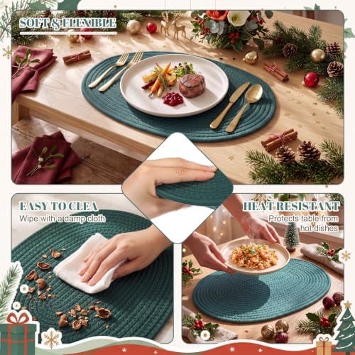 Oval Woven Placemats Set of 6, Cotton Rope 16x12 Inch, Green - Image 3