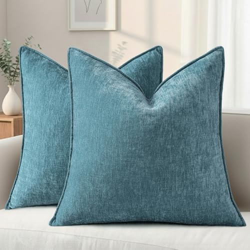 decorUhome Chenille Teal Velvet Throw Pillow Covers 24x24 Set of 2 by decorUhome