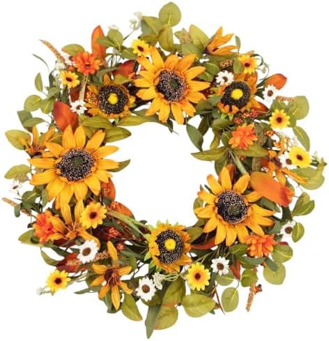 Sunflower Wreath, 24 In Fall Harvest Wreath with Large Yellow Sunflowers, White Daisy, Orange Mums, Eucalyptus Leaves, Autumn Foliage & Grain Stems for Front Door, Farmhouse Porch Autumn Decor by Unknown
