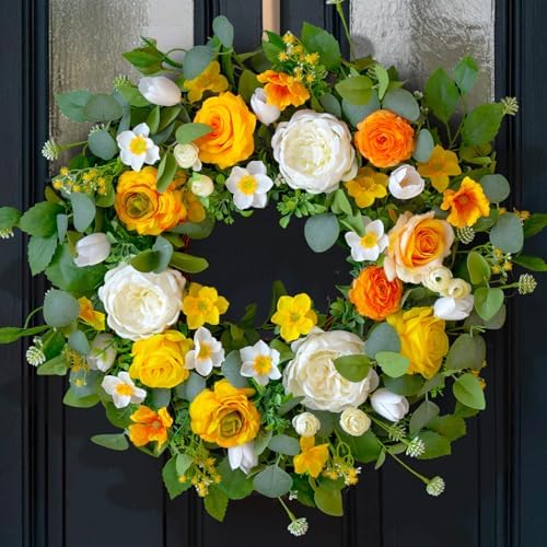 Spring Wreaths for Front Door Outside 24 Inch Yellow & White Spring Summer Wreath with Peony Rose Ranunculus Daffodil & Greenery, Indoor Outdoor Vibrant Hanging Season Decor for Wall Porch by CHVista