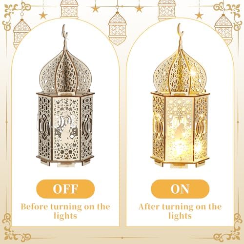 8 Pcs Eid al Adha Decorations Ramadan Tabletop Ornaments 3D LED Eid al Adha Lanterns Ramadan Mubarak Handmade Wooden Moon Star Lights Decorations for Home Party Supplies(Elegant Style) - Image 5