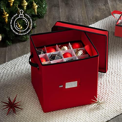 Zober Christmas Ornament Storage Box - Stores 64 Ornaments - Non-Woven, Tear- Proof Christmas Ornament Storage Containers - 3 Inch Cube Compartments - Red - Image 2