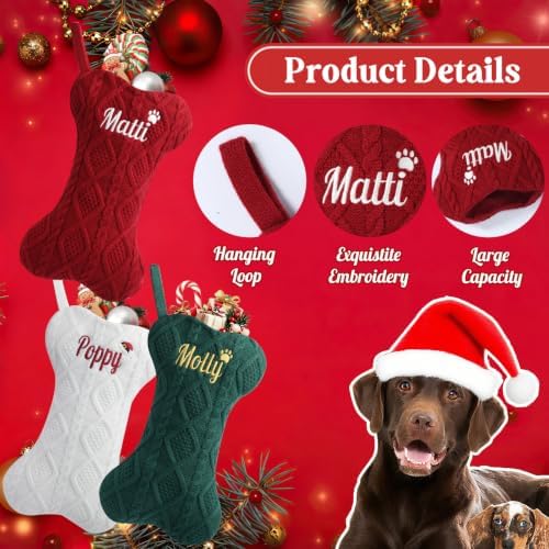 Personalized Dog Christmas Stockings,Custom Embroidered Pet Name & Bone Shape Stocking for Pet,Classic Cable Knit 15.7” Large Dog Stocking for Fireplace Holiday Decor Gifts(6 Pack) - Image 3