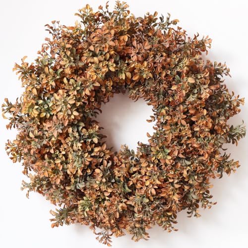 26" Artificial Fall Boxwood Wreath for Front Door Decoration(Autumn Orange) by FOTEEWL