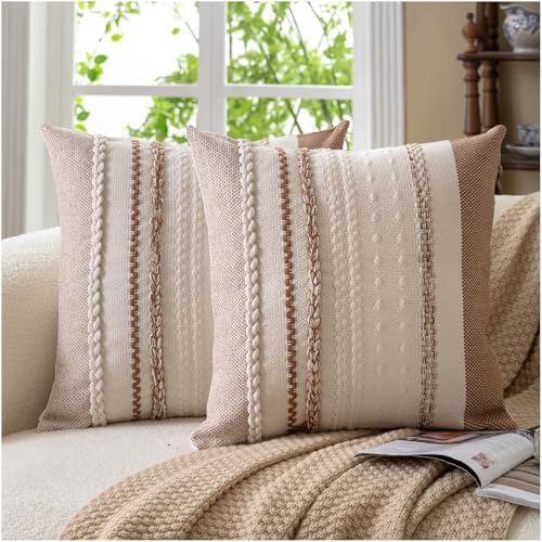 Cethom Boho Throw Pillow Covers 20x20 Inch Set of 2, Brown Textured Decorative Couch Pillow Cases for Farmhouse Home Decor, Accent Cushion Cover for Sofa, Bed, Living Room, Bedroom by Cethom