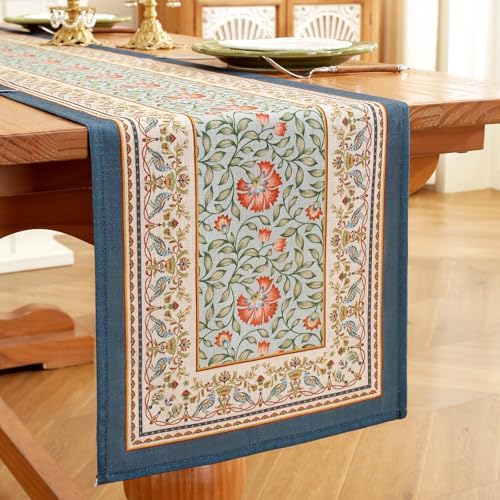 Laolitou Designer Blue Floral Linen Table Runner, Vintage Cottage Rustic Table Runners, Wrinkle Resistant Table Decoration for Kitchen Dining and Coffee Tables Banquet Christmas 13x90 Inches - Image 3