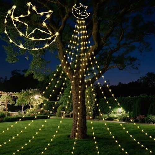Glooglitter Ramadan Mubarak Eid Moon Star Lights Outdoor Decor 11.5ft Warm LED Waterfall Lights Extension Cord USB Powered for Tree Outside Yard Garden Patio Wall Porch Decorations by Glooglitter