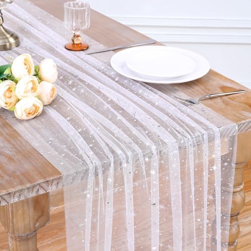 Silver Gauze Table Runner Fabric Sparkling Star 10ft Rectangular 6pcs Bulk by LuoluoHouse