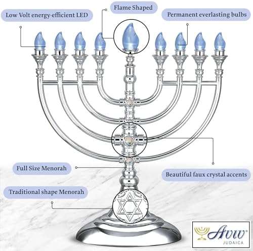 Traditional LED Menorah 13" Metallic Silver Battery or USB Powered Menorah Chanukiah with 4' USB Cable Electronic Chanukah Minorah Flameless Hanukkah Candles Bulbs Lighted Hanukah Decor - Image 5