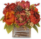 Fall Peonies Artificial Flowers Arrangements In Rustic Square Wooden Box - Image 2