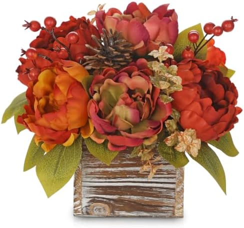 Fall Peonies Artificial Flowers Arrangements In Rustic Square Wooden Box - Image 2