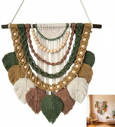 Jditngp Macrame Wall Hanging Boho Leaf Woven Tapestry,Bohemian Chic Home Decor Handmade Leaves Feather Tassel Wood Bead Pendants Wall Art Decorations for Bedroom Living Room Apartment 15.75"WX27.56"L by JditngpRoundBackdropCover