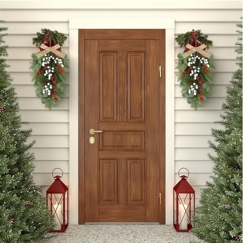 22" Christmas Wreaths for Front Door 4 PCS Christmas Teardrop Swag Artificial Winter Wreath with Red White Berry Pine Cone Eucalyptus for Front Door Indoor Outdoor Wall Hanging Wreaths Decor - Image 5