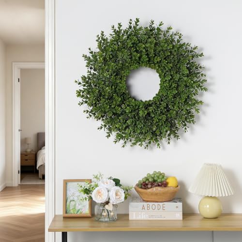 26" Artificial Boxwood Wreath for Front Door,Faux Plant Wreath Spring Decor - Image 3