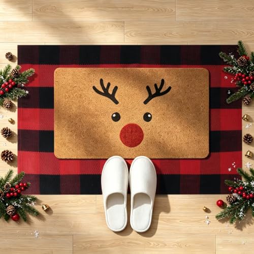 2-Piece Christmas Door Mat Set, Coir Front Door Mat & Red Black Plaid Mat - Image 6