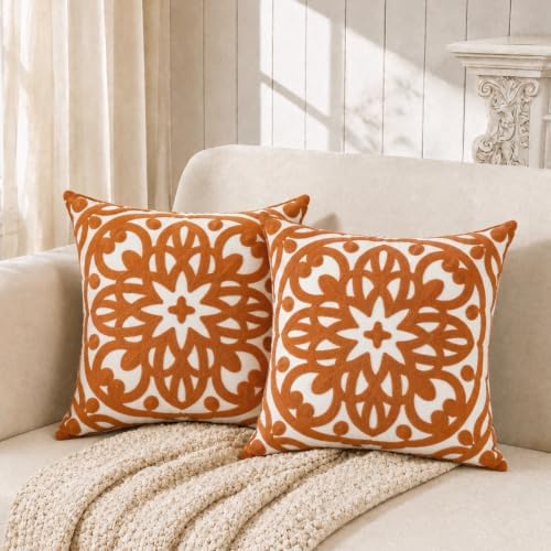 Alysheer Boho Embroidered Throw Pillow Cover 18"x18" Set of 2, Burnt Orange by Alysheer