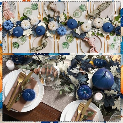 Zeyune 6ft Blue Pumpkin Fall Garland Maple Leaves White Pumpkins Decor - Image 5