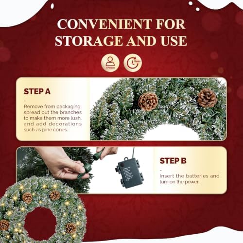 VINGLI 24Inch Frosted Christmas Wreath with 50 LED Lights, Battery Operated - Image 3