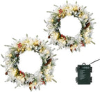 VINGLI 2 Pcs 18 Inch Small Christmas Wreath, Flocked Xmas Wreath w/60 Lights, 140 Tips, Pine Cones, Berries, PE&PVC Wreath with Lights for Indoor/Outdoor Holiday Decor, Battery Operated by VINGLI