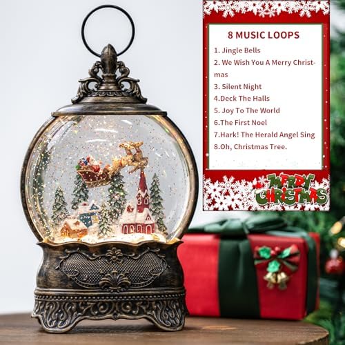 Christmas Village Snow Globe Lighted Flying Santa Scene, Musical Snow Water Lantern Swirling Glittering Home Decoration and Gift, Battery Operated or USB Powered - Image 4