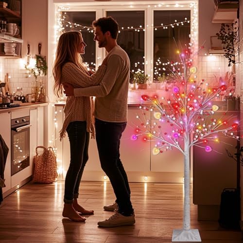 Valentines Day Decor, 4 FT Prelit Lighted Valentines Tree with 3D Hearts&Berries Ornaments 48 Led Red Pink Lights, Outdoor Waterproof Artificial Birches Tree for Valentines Day Decorations Indoor Home - Image 6