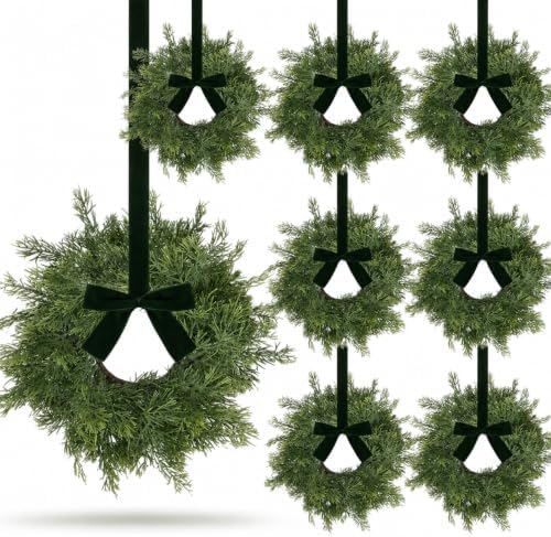 8 PCS Mini Real Touch Christmas Wreaths for Kitchen Cabinets Artificial Norfolk Lifelike Cedar Wreaths with Bow for Christmas Window Door Fireplace Chairs Wall Staircase Indoor Outdoor Home Decor by Unknown