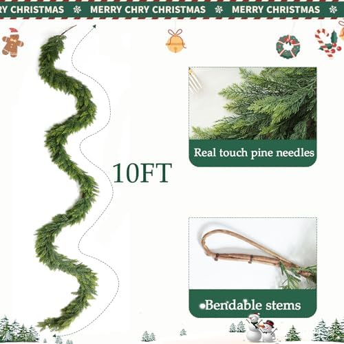 MIZII Christmas Garlands 10FT Thick Artificial Pine Garland Real Touch Green Faux Pines Vine Greenery Garland Christmas Decorations for Xmas Fireplace Mantle Home Decor Indoor Outdoor (Pine 10FT) - Image 2