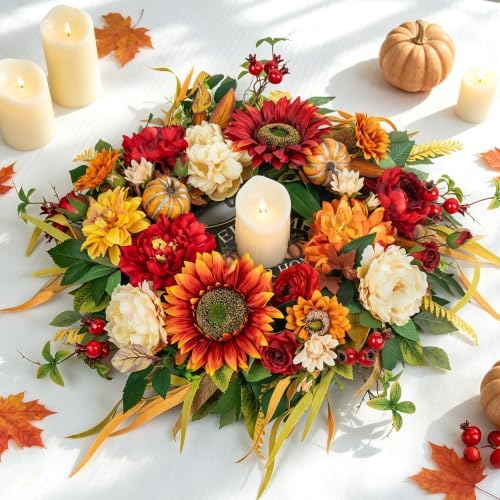 24 Inch Fall Wreath for Front Door，Rustic Harvest Autumn Wreath - Image 4