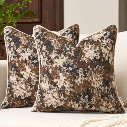 FANAMI Vintage Floral Throw Pillow Covers 18x18 Set of 2 Boho Farmhouse Accent Pillowcase Neutral Modern Chenille Square Decorative Cushion Covers for Couch Sofa Bed Living Room Home Decor, Brown by Fanami
