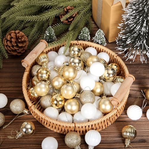 Shappy 216 Pcs Mini Christmas Ball Ornament 1.18 Inch,White, Gold - Image 3