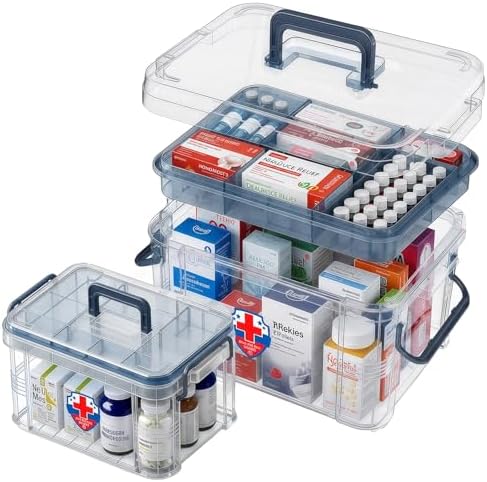 2 Pack Clear Medicine Organizer Box with Handle, Plastic Medicine Container with Tray First Aid Box Empty, Thickened Medicine Storage Organizer Multipurpose Medication Organizer Storage, Blue by ANYPROLUS